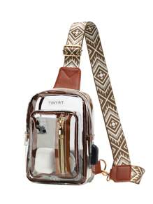 迷你 PU 斜挎包 女士透明胸包 USB 大容量 PVC 腰包 轻便复古 透明沙滩包 斜挎包 西式包 - 棕色 - 查看 3