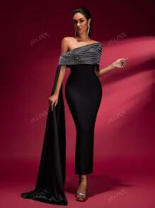 Vestido de noche largo y elegante para mujer con hombros descubiertos, ajustado, con empalmado y cuentas en otoño