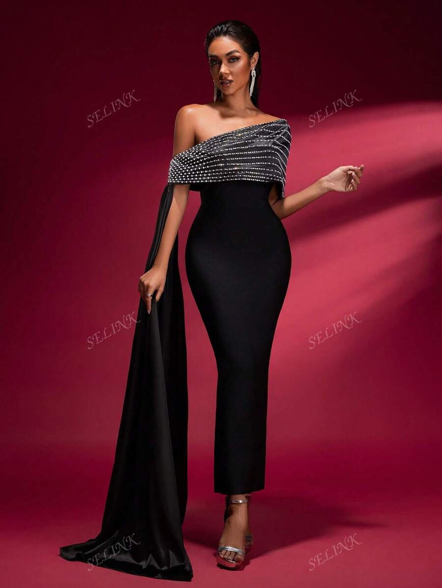 Vestido de noche largo y elegante para mujer con hombros descubiertos, ajustado, con empalmado y cuentas en otoño