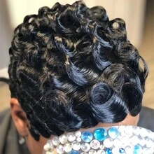 Tóc giả bằng tóc thật ngắn 6 inch - Kiểu tóc xoăn Pixie thanh lịch không ren, mật độ 150%, mũ lưới hoa hồng không keo - Quà tặng năm mới lý tưởng cho mẹ - màu đen - Xem 3