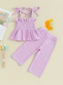 Toddler Baby Girl Summer Clothes Cotton Linen Sleeveless Ruffle Smocked Strap Top Lace Pants 2Pcs Outfit - Purple - View 2