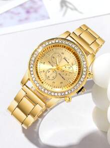 6pcs/Set Fashion Women's Round Steel Band Quartz Watch, Versatile Round Rhinestone Dial, Can Be Matched With Bracelets, Necklaces, Earrings, Rings And Other Jewelry To Form A Jewelry Set, Suitable For Daily Wear, Formal Events And Other Occasions, Also Can Be Used For Holiday Decorations. - Gold - View 3