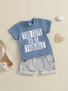 Boys Summer Shorts Sets Short Sleeve O Neck Letter Print Tops And Solid Color Shorts Sets - Blue - View 5