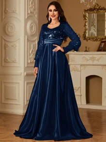 hezixi Contrast Sequins Satin Organza Long Sleeve V-Neck Maxi A-Line Formal Evening Gown Maxi Dress, Party Dress, Wedding Guest Dress - Navy Blue - View 7