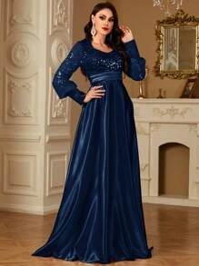 hezixi Contrast Sequins Satin Organza Long Sleeve V-Neck Maxi A-Line Formal Evening Gown Maxi Dress, Party Dress, Wedding Guest Dress - Navy Blue - View 5