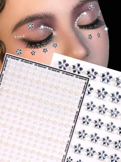 2片装多粒银白色3D立体花卉仿水晶珍珠装饰贴纸，适用于眼部、指甲、面部装饰，适合音乐节、嘉年华、情人节、Y2K风格派对、日常装饰、化妆派对、舞会等场合，可用于头发、眼睛、面部、身体装饰。