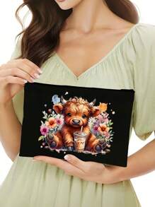 1 件可爱奶茶高地牛印花美容包，大容量轻便拉链收纳袋（拉链方向随机），适合作为男士和女士旅行洗漱包，完美的节日礼物，送给朋友的礼物，波西米亚风