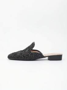 Women's Sequin Star Decoration Square Toe Slip-On Low Heel Flats, Gold/Silver/Black, Mesh Breathable Closed Toe Summer Mule Sandals Can Wear With Dress