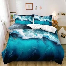 2/3 pièces Ensemble de housse de couette avec impression de vagues bleues 3D sur fond blanc, élément de vagues océaniques. (Taille 135x200 avec 1 taie d'oreiller uniquement)