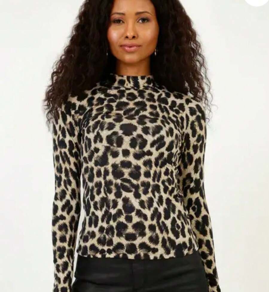 Basic Visco Lycra Turtleneck Second Skin Top - Leopard - View 1
