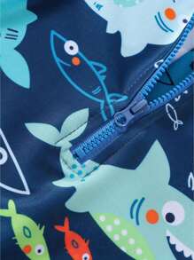 Baby Boys Rash Guard Swimsuit, Cute Shark/Tree Print Short Sleeve Zip Up Swimwear - Lake Blue - View 5