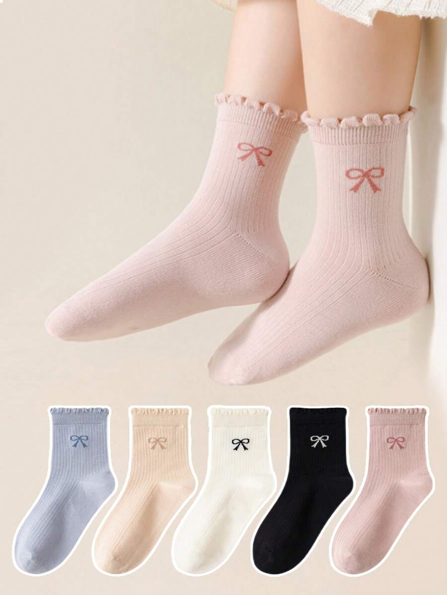 3 Pairs Random Mixed Color Girl Kids Socks With Lace Bow Decor, Versatile Girls Baby Crew Socks Suitable For Daily Wear All Seasons - Multicolor - View 1