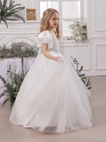 女童泡泡袖薄纱花童裙，公主裙，适合复活节、生日派对、婚礼、舞会、节日场合 - 白色 - 查看 6