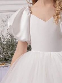 女童泡泡袖薄纱花童裙，公主裙，适合复活节、生日派对、婚礼、舞会、节日场合 - 白色 - 查看 4