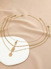 3pcs Stainless Steel Golden Rose Flower Pendant Necklace Set, Suitable For Women's Daily Decoration Or Gift Giving