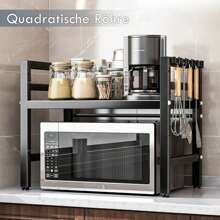Étagère de cuisine, support extensible pour micro-ondes avec 6 crochets, étagère extensible pour micro-ondes 40-64 cm, étagère à épices, support pour micro-ondes, organisateur avec 6 crochets, pour cuisine, jusqu'à 30 kg