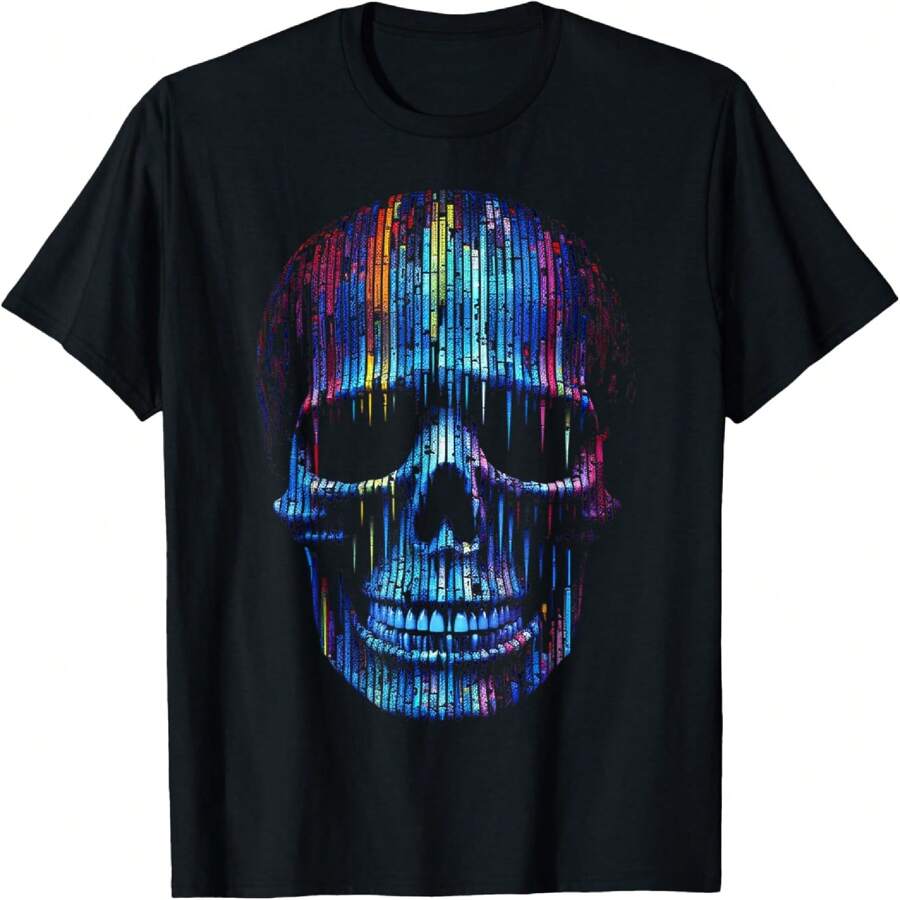 Skull Pixel Colorful Fantasy Artwork Graphic Art Skull T-Shirt - 黑色 - 查看 1