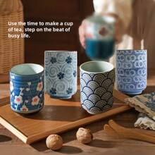 4 stuks 320 ml blauw en wit porseleinen theekopje met geschenkdoos, Japanse stijl handgetekende vriendelijke thee koffie melk wijn sushi mok creatieve familie restaurant decoratie reiscadeau voor vrienden