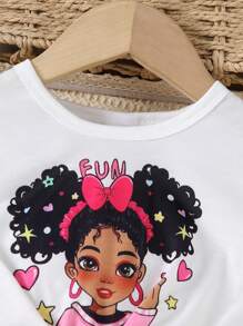 2 件套年轻女孩卡通女孩印花荷叶边下摆圆领短袖上衣和牛仔效果舒适时尚短裤，夏季 - 白色 - 查看 3