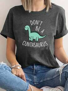Women's New Round Neck Short Sleeved Summer, Cartoon Dinosaur Pattern Printed Casual T-Shirt, Sweet And Gentle Elegant, Slim And Comfortable Summer Tops, Suitable For Daily Casual Wear, Graphic Tees Women, Summer Outfits For Women, Vacation Outfits Women, Summer Dresses For Women