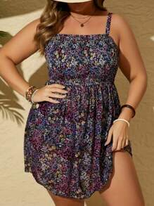New Plus Size Women Printed Mesh Tankini Swimwear - Black Flower - View 1