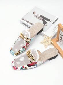 أحذية شبكية ملونة كتلة لون تزيين سهلة الارتداء، أحذية نسائية ذات رؤوس مربعة وكعب منخفض، صنادل مغلقة الأصبع مشبكية صيفية مهوَّاة للتنانير والأحذية المسترخية المسطحة