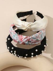 3 Stücke Damen Boho-Stil einfache Einfarbige & Blumen-Muster Perlenhaarband, geeignet für den täglichen Gebrauch