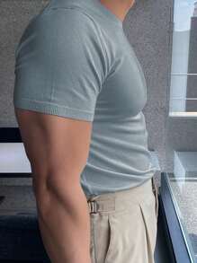 Áo chui đầu dệt kim tay ngắn màu trơn thường ngày cho nam, mùa xuân/hè - Màu xanh bụi bặm - Xem 5