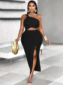 BIUBIU Women's Plus Size Sexy One Shoulder Twist Cut Out Tie-Front Ruched Split Thigh Vacation Dress