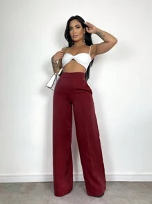 Women's Skinny Pants, High Waist, Wide Leg, Sophisticated, Blogger, Elegant - 酒紅色 - 查看 6