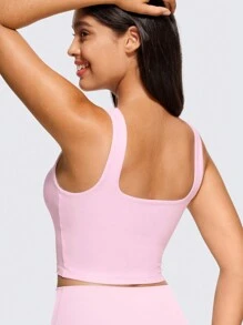 KAHULE Cute Double Layer Seamless Slim Fit Tank Tops Women's Square Neck Sleeveless Crop Tops - 粉色 - 查看 2