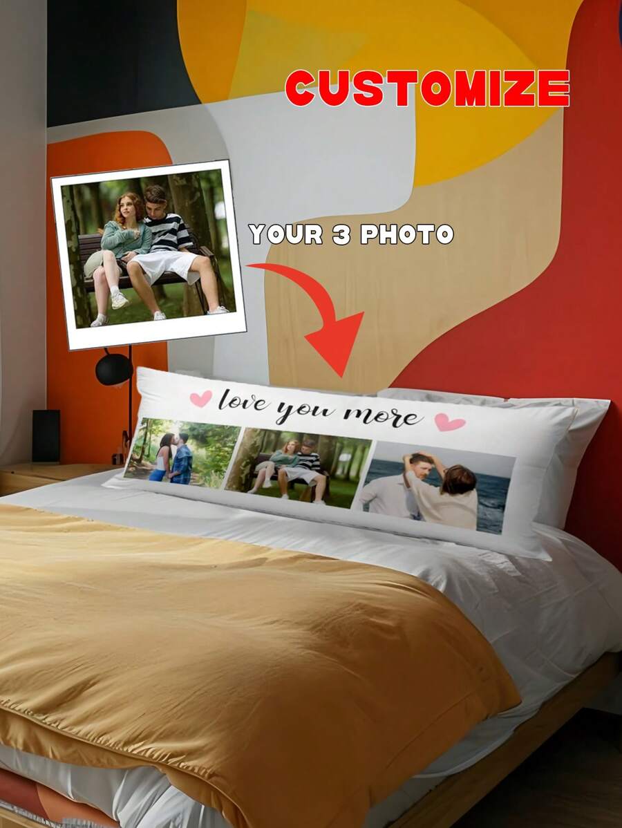可定制 3 张照片“爱你更多”情侣长枕套，个性化照片，柔软毛绒，单面印刷，24x71 英寸（不含填充物），适合家居装饰、情侣、情人节、圣诞节、感恩节、新年，适合家人、朋友和自己的礼物 - 白色 - 查看 1