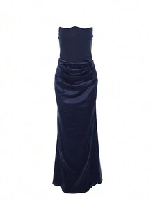 Backless Bodycon Bandeau Evening Gown Dress - Navy Blue - View 5
