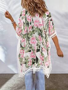 Plus Size Floral Print Side Split Open Front Cover Up Kimono, For Summer Beach Vacation - Multicolor - View 3