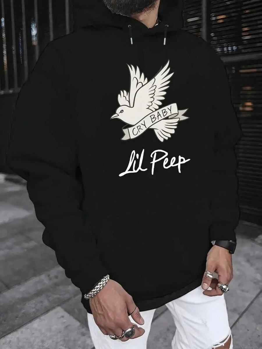 Men's Lil  Graphic Hoodie - Oversized Gray Velvet Sweatshirt With And Bird Design, Casual Long Sleeve Hooded Pullover For Autumn And Winter, Casual Wear Hoodie | Oversized Hoodie | Polyester Fabric, Sweater Hoodie - 黑色 - 查看 1