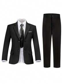 Traje para niños de 4 piezas, conjunto de traje de tuxedo para niños pequeños, atuendo de pajecito para bodas, que incluye blazer, pantalones, camisa y corbata, traje formal para niños de talla 4 a 14 años, color negro