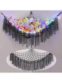 1 pieza Hamaca de red colgante para almacenar muñecos de felpa, decoración grande de hamaca para el hogar, sala de estar, dormitorio, regalo de decoración lindo y divertido, 100 X 100 X 150 Cm, hamaca triangular hecha a mano a ganchillo (sin luces incluidas)