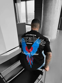 Camiseta de manga corta de cuello redondo con estampado de letras, camiseta casual de manga corta para estudiantes - Negro - Ver 2