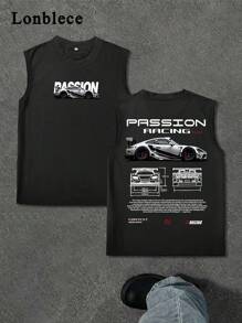 Lonblece 男士摩托车图案印花无袖背心，运动元素，适合日常休闲穿着，春夏 - 黑色 - 查看 3