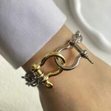 1条 STYLEVER 双色链条手链，带扣手链，螺丝手链，金色马蹄形吊坠手链，U形吊坠手链，不锈钢链 - 金黃色 - 查看 3