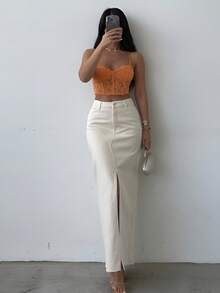 SQUALO Women's Flared Denim Skirt With Slits And Pockets In A Washed-Out Effect - White - View 3