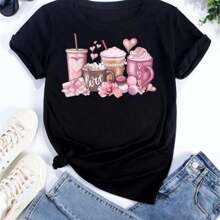 Women's Oversized T-Shirt Tee Korean Fashion Coffee Cup Print Graphic Female Clothes Valentine's Day Tops Lover T Shirts - 黑色 - 查看 1