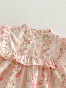 春季花朵图案女童连衣裙，休闲舒适，优雅年轻女士，粉色 - 粉色 - 查看 5