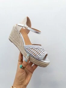 alpargatas cuña para mujer,con punta abierta y bordado hueco de moda muy lindo,con suela antideslizantes,con alta calida,ideal para diaria y vestir,entrega estimada 1-3 dias laborable (Península) - Plateado - Ver 1