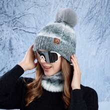 Women Winter Beanie Hat Circle Scarf Set Pompoms Peruvian Ski Snow Ear Flaps Sherpa Knit Hats Fleece Lined