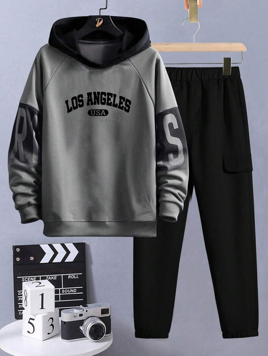 2pcs/Set Tween Boy Letter Decor Casual Hooded Fleece Sweatshirt & Drawstring Jogger Pants - Grey - View 1