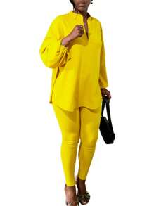 Women's Plus Size Tracksuits Outfits Solid Color V-Neck Long Sleeve Slit Hem Tops With Leggings 2 Pcs Set - Yellow - View 2