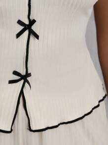 2 件女式夏季睡衣套装，条纹蝴蝶结吊带上衣和短裤家居服，休闲舒适的家居服，可户外穿着，性感短裤和上衣套装 - 米色 - 查看 9