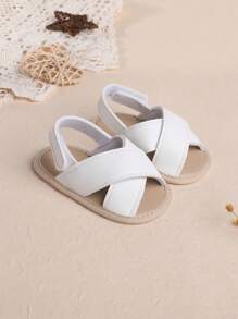 1 Pair Boys' Solid Color Criss-Cross PU Hook And Loop Flat Design Casual Sandals, Suitable For Indoor, Summer - White - View 3