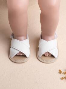1 Pair Boys' Solid Color Criss-Cross PU Hook And Loop Flat Design Casual Sandals, Suitable For Indoor, Summer - White - View 6